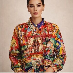 RARE Jammy Job Silk Circus Print Button-Down Shirt Sz S